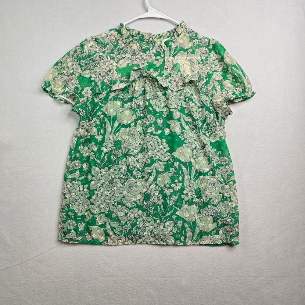 Monteau Los Angeles Anthropologie Green Floral Ruffle High Neck Short Sleeve top